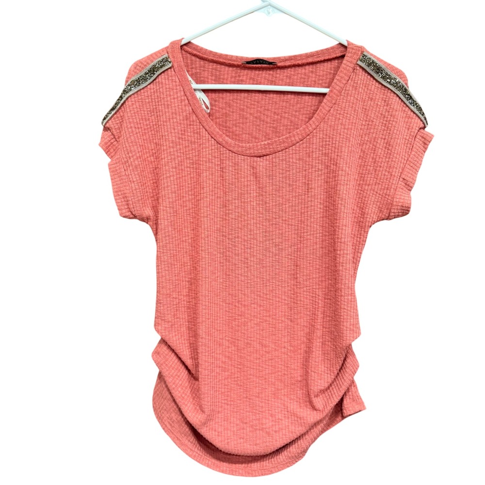 Papaya Coral Embellished Shoulder Ribbed Knit Dolman Sleeve Top